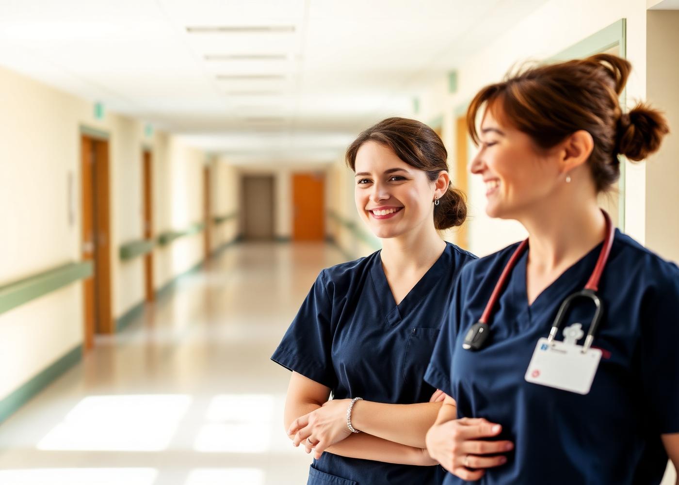 Two nurses smiling in a hospital corridor